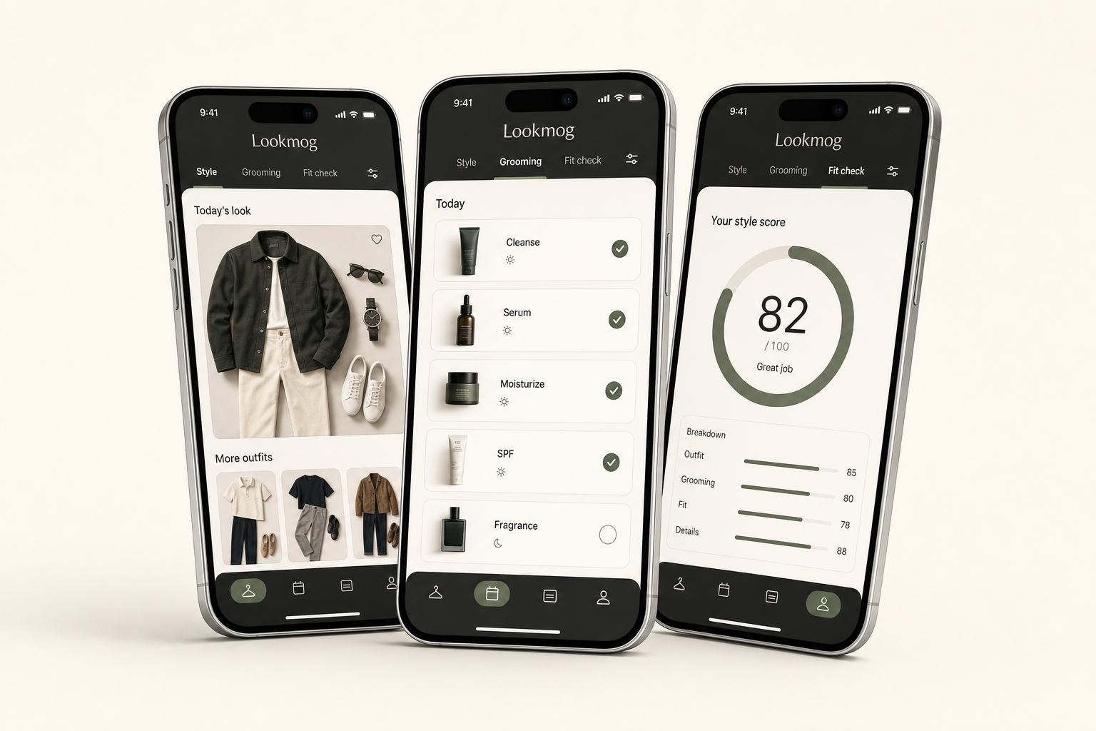 Three iPhones showing Lookmog outfit, grooming, and style assistant screens.